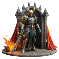 beautiful modern A towering, demonic knight clad in black armor, wielding a flaming greatsword, standing before a gate to hell, illuminated by infernal fire. Wayne Barlowe, dark fantasy, epic premium png