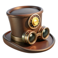 elegant classic A steampunk top hat, with goggles and gears attached, leather and brass, lit by a single spotlight from above, highly detailed, photorealistic high quality png