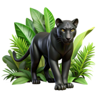 vibrant contemporary A sleek black panther prowling through dense jungle foliage, dappled sunlight creating dramatic shadows. Photorealistic style with sharp focus high resolution png