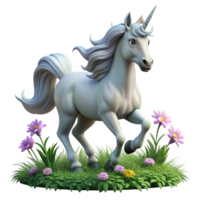 impressive minimalist A majestic unicorn with a silver horn and flowing mane, galloping through a field of wildflowers. Fantasy realism style, soft lighting original png