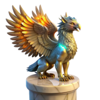 extraordinary minimalist A majestic griffin with iridescent feathers, perched atop a crumbling marble pedestal, illuminated by a single shaft of golden light, in a hyperrealistic style authentic png