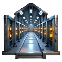 beautiful modern A futuristic prison with rows of cells and flickering lights, oppressive atmosphere, dark, gritty style, realistic rendering premium png