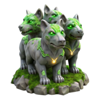 vibrant minimalist A stoic, marble statue of a three-headed Cerberus, slowly cracking and overgrown with luminous moss, dimly lit by a green glow, in a realistic style original png