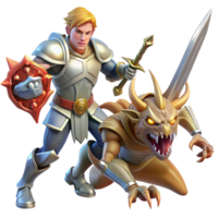 extraordinary creative A courageous paladin with shining armor and a holy sword, battling a demonic creature. Dramatic, divine lighting. Religious fantasy style premium png