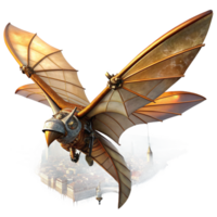 wonderful artistic A steampunk ornithopter, intricate wings flapping, soaring above a cityscape, golden hour lighting, vintage aviation poster style professional png