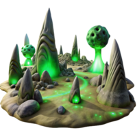 wonderful creative A desolate alien landscape with strange, rock formations and swirling dust devils, illuminated by the harsh, green light of a nearby nebula. Surreal style professional png