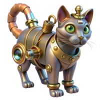 stunning classic A steampunk cat, with mechanical augmentations, gears and pipes, metallic fur, brightly lit, whimsical style exclusive png