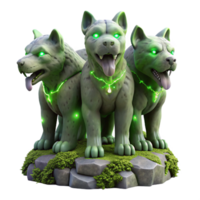 stunning creative A stoic, marble statue of a three-headed Cerberus, slowly cracking and overgrown with luminous moss, dimly lit by a green glow, in a realistic style genuine png