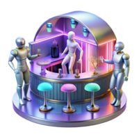 serene classic A futuristic bar scene with holographic dancers and patrons with cybernetic implants, in a vibrant, art deco style authentic png