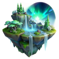 serene contemporary A floating island, covered in lush vegetation and waterfalls, illuminated by a magical aurora. Dreamlike, fantasy art style high quality png