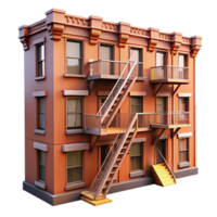vibrant classic A fire escape zigzagging down the side of a brownstone building, warm afternoon light, detailed architectural rendering, realistic style original png