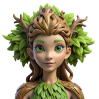 vibrant modern A beautiful dryad with bark-like skin and leafy hair emerges from a giant oak tree. Soft, dappled sunlight. Pre-Raphaelite style high resolution png