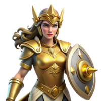 serene minimalist A fierce warrior queen with golden armor and a determined expression, wielding a sword and shield, dramatic lighting, heroic and powerful style detailed png