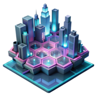 impressive modern A futuristic cityscape built on interconnected hexagonal platforms floating in the void, illuminated by neon pink and teal light trails, cyberpunk style high quality png