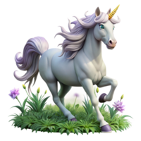vibrant classic A majestic unicorn with a silver horn and flowing mane, galloping through a field of wildflowers. Soft, golden sunlight, dreamlike fantasy style high quality png