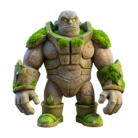 stunning minimalist A powerful golem made of stone and moss, standing guard in a forgotten temple. Soft, ambient lighting, ancient fantasy style authentic png