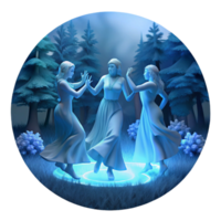 serene traditional A group of ethereal spirits dancing in a moonlit forest glade, bathed in soft, blue light, in a romantic, Pre-Raphaelite style detailed png