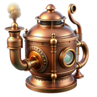 serene rustic A steampunk teapot, copper and brass, with visible pipes and gauges, steam rising, warm, inviting lighting, highly detailed, realistic detailed png