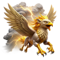 serene classic A majestic griffin with golden feathers and piercing amber eyes, soaring through a storm-ridden sky, lightning illuminating its form. Dramatic, epic fantasy style high resolution png