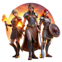 elegant contemporary A group of warrior women, armed with swords and shields, standing defiantly, illuminated by a fiery sunset. Epic fantasy style exclusive png