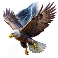 serene artistic A regal bald eagle soaring through a stormy sky, lightning illuminating its powerful wings. Dramatic lighting and dynamic pose. Digital painting style genuine png