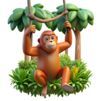 elegant modern A orangutan swinging through the trees, lush rainforest setting, agile and acrobatic genuine png