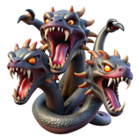 dramatic minimalist A fierce hydra with multiple heads, each spewing venomous fumes. Dark fantasy style, dynamic lighting high resolution png