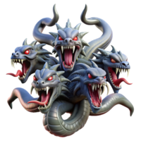 extraordinary contemporary A fierce hydra with multiple heads and venomous fangs, battling a group of heroes. Dramatic, high-contrast lighting. Epic Fantasy style 4K png