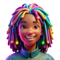 wonderful rustic Portrait of a woman with colorful dreadlocks and a vibrant smile, lit by bright, multicolored lights, in an Afrofuturist style genuine png