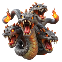stunning modern A colossal hydra with nine snarling heads, each dripping venom, lit by infernal flames, in a gritty realism style genuine png