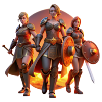 impressive minimalist A group of warrior women, armed with swords and shields, standing defiantly, illuminated by a fiery sunset. Epic fantasy style original png