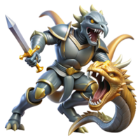 stunning traditional A fierce knight in shining armor battling a monstrous hydra, swords clashing. Heroic fantasy style, dynamic action premium png