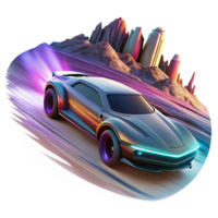 dramatic artistic A futuristic vehicle speeding through a desolate landscape, motion blur, dynamic composition, cyberpunk style, neon accents, dramatic lighting high quality png