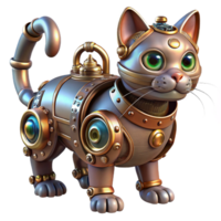 serene artistic A steampunk cat, with mechanical augmentations, gears and pipes, metallic fur, brightly lit, whimsical style high resolution png