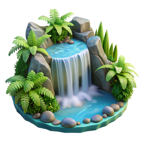 serene modern A cascading waterfall plunging into a crystal-clear pool, surrounded by lush green ferns, with a romantic, landscape painting style high quality png