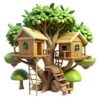 vibrant artistic Treehouse village, interconnected wooden structures, lush foliage, dappled sunlight, whimsical style premium png