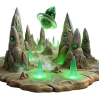 dramatic vintage A desolate alien landscape with strange, rock formations and swirling dust devils, illuminated by the harsh, green light of a nearby nebula. Surreal style premium png