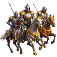 impressive minimalist A group of brave knights in shining armor, charging into battle on horseback. Dramatic, action-packed lighting, medieval fantasy style high resolution png