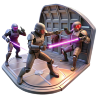 dramatic modern A group of space pirates fighting with laser swords in the zero-gravity environment of a derelict spaceship, illuminated by flashing emergency lights. Space opera style detailed png