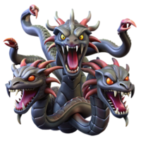 beautiful vintage A fierce hydra with multiple heads and venomous fangs, battling a group of heroes. Dramatic, high-contrast lighting. Epic Fantasy style detailed png
