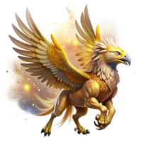 magnificent minimalist A majestic griffin with golden feathers and piercing amber eyes, soaring through a swirling nebula, illuminated by starlight. Digital painting style authentic png