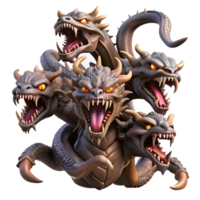 impressive modern A fierce hydra with multiple heads and venomous fangs, battling a group of heroes. Dramatic, high-contrast lighting. Epic Fantasy style 4K png