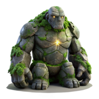elegant minimalist A colossal stone golem awakens from its slumber, covered in moss and vines. Dramatic crepuscular lighting. Dark fantasy style high quality png