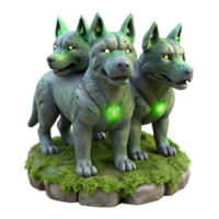 vibrant rustic A stoic, marble statue of a three-headed Cerberus, slowly cracking and overgrown with luminous moss, dimly lit by a green glow, in a realistic style high resolution png