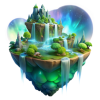 vibrante tradicional uma flutuando ilha, coberto dentro exuberante vegetação e cachoeiras, iluminado de uma mágico aurora. sonhe como, fantasia arte estilo Alto qualidade png