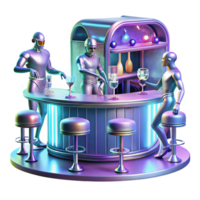 serene artistic A futuristic bar scene with holographic dancers and patrons with cybernetic implants, in a vibrant, art deco style 4K png