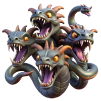 vibrant minimalist A fierce hydra with multiple heads, each spewing venomous fumes. Dark fantasy style, dynamic lighting authentic png