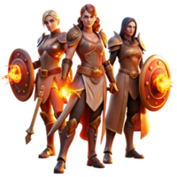 elegant creative A group of warrior women, armed with swords and shields, standing defiantly, illuminated by a fiery sunset. Epic fantasy style detailed png