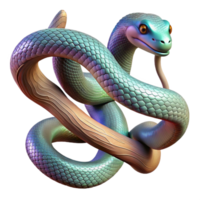 impressive abstract A slithering snake with iridescent scales, coiled around a tree branch, its tongue flicking out. Detailed, realistic rendering premium png