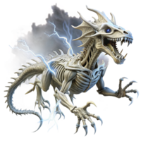 magnificent minimalist A decaying, skeletal dragon, its bones entwined with thorny vines, soaring through a storm-wracked sky, lit by flashes of lightning. Frank Frazetta, dynamic, dramatic detailed png